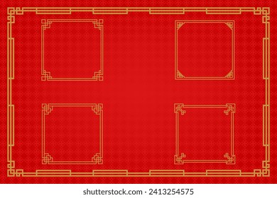 Chinese frame or border set on red background. traditional asian ornaments, golden oriental