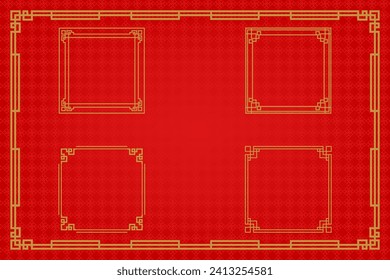 Chinese frame or border set on red background. traditional asian ornaments, golden oriental