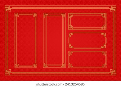 Chinese frame or border set on red background. traditional asian ornaments, golden oriental