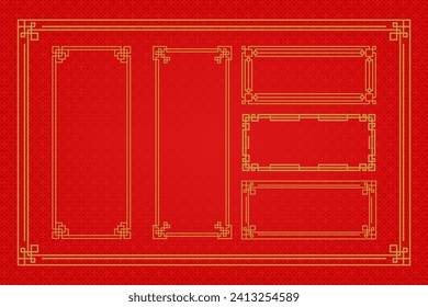 Chinese frame or border set on red background. traditional asian ornaments, golden oriental