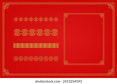 Chinese frame or border set on red background. traditional asian ornaments, golden oriental