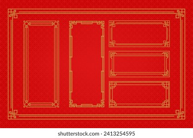 Chinese frame or border set on red background. traditional asian ornaments, golden oriental