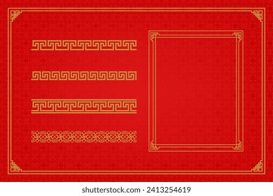 Marco o borde chino sobre fondo rojo. ornamentos asiáticos tradicionales, oriental dorado