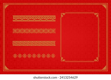 Chinese frame or border set on red background. traditional asian ornaments, golden oriental