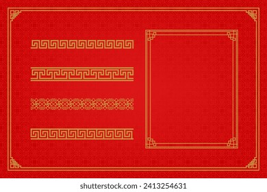 Chinese frame or border set on red background. traditional asian ornaments, golden oriental