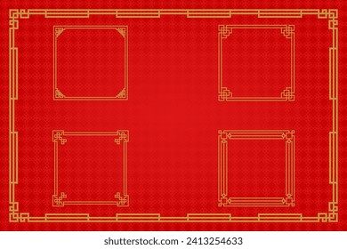 Chinese frame or border set on red background. traditional asian ornaments, golden oriental