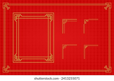 Chinese frame or border set on red background. traditional asian ornaments, golden oriental