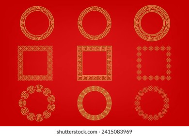 Chinese frame or border set on red background. traditional asian ornaments, golden oriental