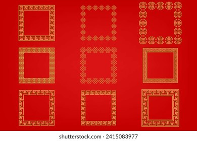 Chinese frame or border set on red background. traditional asian ornaments, golden oriental