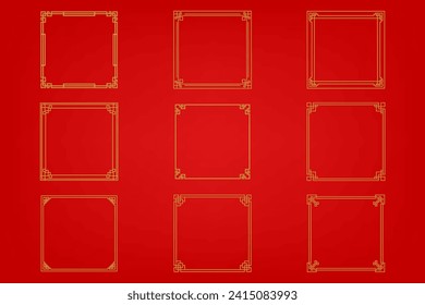 Chinese frame or border set on red background. traditional asian ornaments, golden oriental