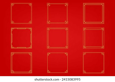 Chinese frame or border set on red background. traditional asian ornaments, golden oriental