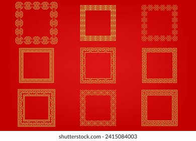 Chinese frame or border set on red background. traditional asian ornaments, golden oriental