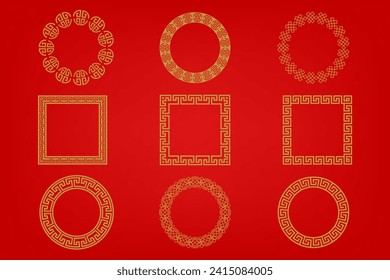 Chinese frame or border set on red background. traditional asian ornaments, golden oriental