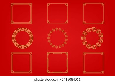 Chinese frame or border set on red background. traditional asian ornaments, golden oriental