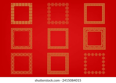 Chinese frame or border set on red background. traditional asian ornaments, golden oriental