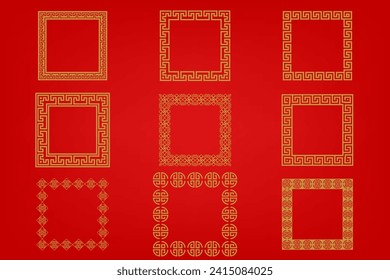 Chinese frame or border set on red background. traditional asian ornaments, golden oriental