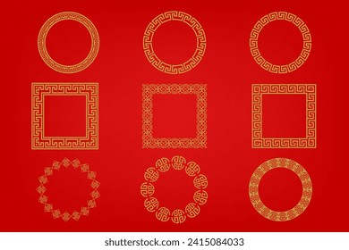 Chinese frame or border set on red background. traditional asian ornaments, golden oriental