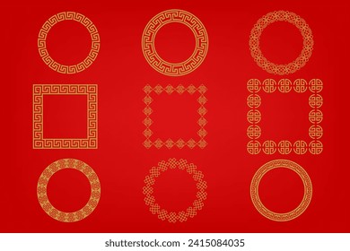 Chinese frame or border set on red background. traditional asian ornaments, golden oriental