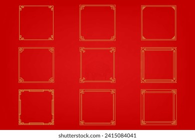 Chinese frame or border set on red background. traditional asian ornaments, golden oriental