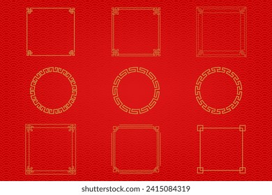 Chinese frame or border set on red background. traditional asian ornaments, golden oriental
