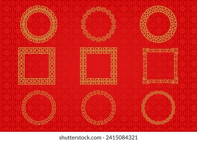 Chinese frame or border set on red background. traditional asian ornaments, golden oriental