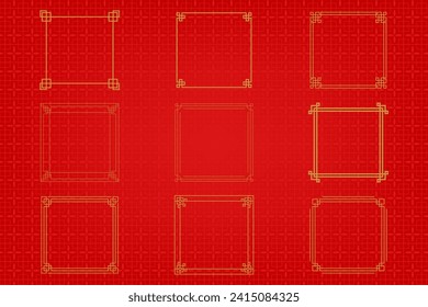 Chinese frame or border set on red background. traditional asian ornaments, golden oriental