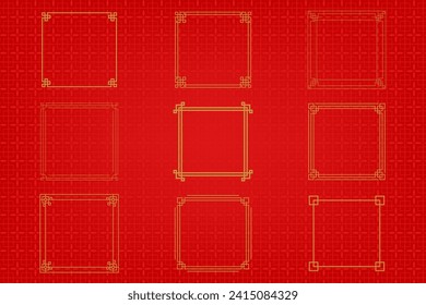 Chinese frame or border set on red background. traditional asian ornaments, golden oriental