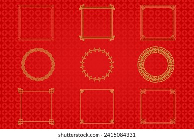 Chinese frame or border set on red background. traditional asian ornaments, golden oriental