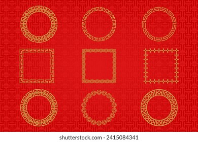 Chinese frame or border set on red background. traditional asian ornaments, golden oriental
