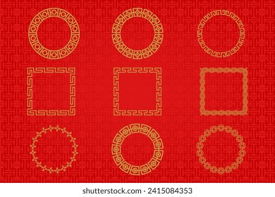 Chinese frame or border set on red background. traditional asian ornaments, golden oriental