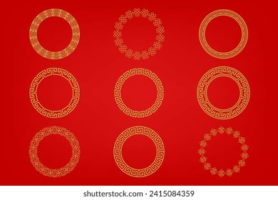 Chinese frame or border set on red background. traditional asian ornaments, golden oriental