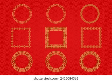 Chinese frame or border set on red background. traditional asian ornaments, golden oriental