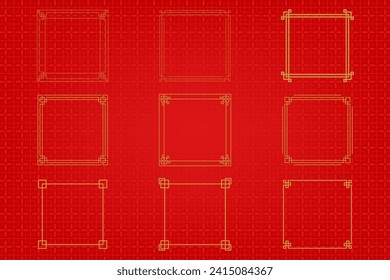 Chinese frame or border set on red background. traditional asian ornaments, golden oriental