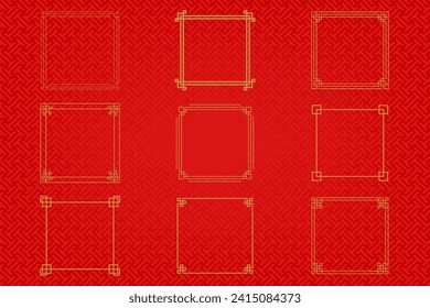 Chinese frame or border set on red background. traditional asian ornaments, golden oriental