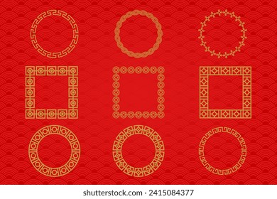 Marco o borde chino sobre fondo rojo. ornamentos asiáticos tradicionales, oriental dorado