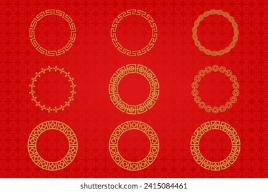 Chinese frame or border set on red background. traditional asian ornaments, golden oriental