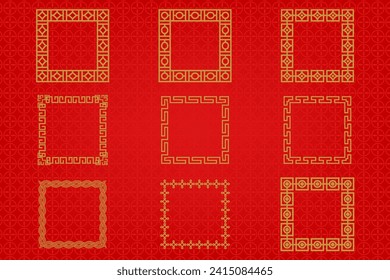 Chinese frame or border set on red background. traditional asian ornaments, golden oriental