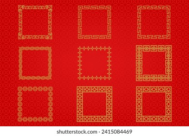 Chinese frame or border set on red background. traditional asian ornaments, golden oriental
