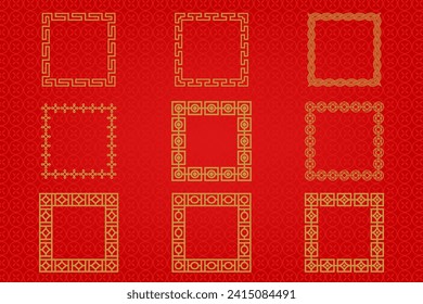 Chinese frame or border set on red background. traditional asian ornaments, golden oriental