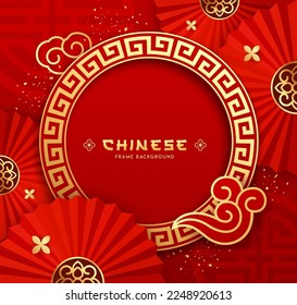 Chinese frame circle style decorative round border, Chinese fan and cloud gold and red, design on red background, Eps 10 vector illustration