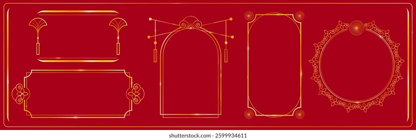 Chinese frame collection with gold ornamental designs on red background. Traditional Asian decorative borders with fan motif, flower pattern. Elegant oriental elements for Japan festival invitation.