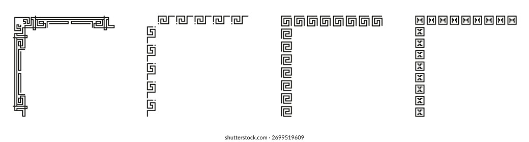 Chinesische Rahmen Ecke Ornament Set. Traditionelle dekorative Elemente mit Ecke und Rahmen. Bearbeitbarer Strich. Isolierte Vektorgrafik.