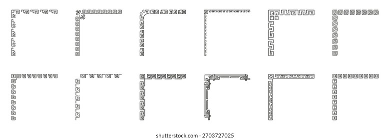 Chinesische Rahmen Ecke Ornament Set. Traditionelle dekorative Rahmenlinien-Kollektion. Elemente mit Linie, Ecke und Rahmen. Bearbeitbarer Strich. Isolierte Vektorgrafik.