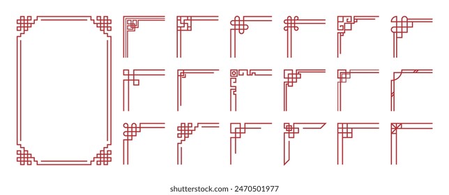 Chinesische Rahmen Ecke Ornament Vektorgrafik Set. Traditionelle dekorative Elemente mit Linie, Ecke, Rahmen, Header. Illustration des eleganten Designs geeignet für Karte, Einladung, Poster, Abdeckung.