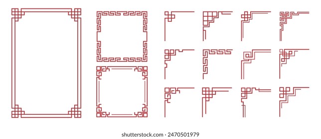 Chinese frame corner ornament vector set. Traditional decorative elements with line, corner, borders, frames, headers. Illustration of elegant design suitable for card, invitation, poster, cover.