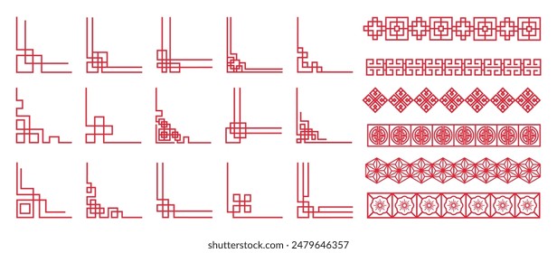 Chinese frame corner ornament vector set. Traditional decorative elements with line, corner, frame, header, pattern. Illustration of elegant design suitable for card, invitation, poster, cover.