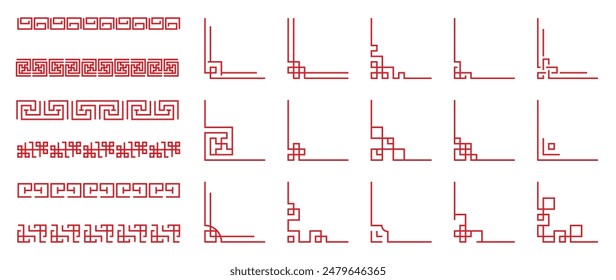 Chinese frame corner ornament vector set. Traditional decorative elements with line, corner, frame, header, pattern. Illustration of elegant design suitable for card, invitation, poster, cover.