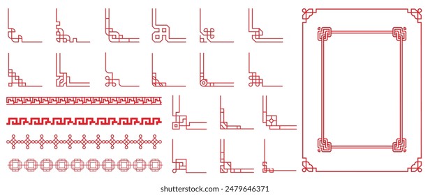 Chinese frame corner ornament vector set. Traditional decorative elements with line, corner, frame, header, pattern. Illustration of elegant design suitable for card, invitation, poster, cover.