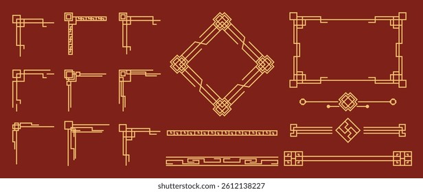 Chinese frame corner ornament vector set. Traditional decorative elements with line, corner, frame, header, pattern. Illustration of elegant design suitable for card, invitation, poster, cover.