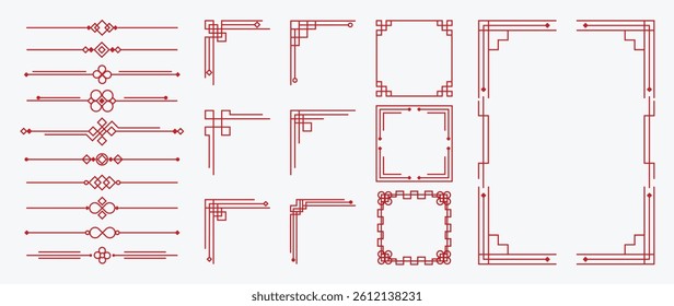 Chinese frame corner ornament vector set. Traditional decorative elements with line, corner, frame, header, pattern. Illustration of elegant design suitable for card, invitation, poster, cover.